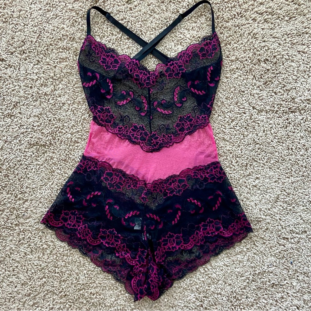 Dreamgirl Pink and Black Chemise with Lace Detailing